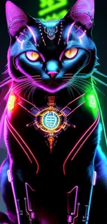 Digital art of a neon cyber cat with vibrant colors and futuristic design.