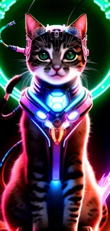 Vibrant neon cyber cat with futuristic tech design.