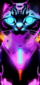 Vibrant neon cat with blue glowing eyes on a black background.