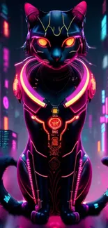 Futuristic neon cyber cat with vibrant pink tones.