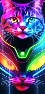 Neon cyber cat with glowing colors and a futuristic design on a dark background.