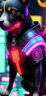 Neon cyber dog in a futuristic city with vibrant colors and glowing lights.