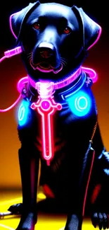 A neon cyber dog with vibrant lights on a futuristic background.