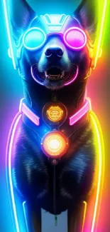 Neon cyber dog in a colorful LED-lit style, perfect for tech lovers.