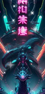 Neon cyber dragon with futuristic Asian design.