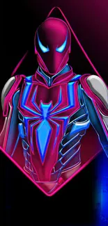 Neon cyber superhero in futuristic design with vibrant colors.