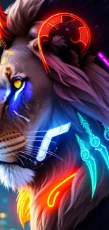 Vibrant neon cyber lion with futuristic elements.