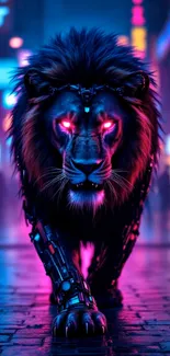 A futuristic cyber lion glowing in neon colors on a city street.