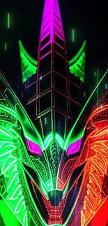 Vibrant neon cyber mask with green and red colors.