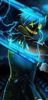 Neon cyber ninja with glowing swords and blue lightning.