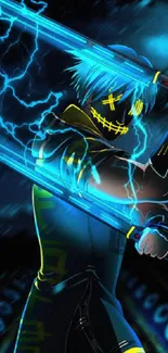 Neon cyber samurai with dual swords and electric blue effect.