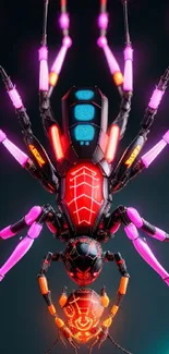 Neon cyber spider with vibrant colors on dark background.