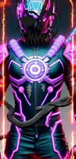 Neon cyber warrior with purple accents and vibrant futuristic design.