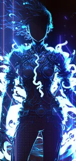 Neon cyber warrior silhouette in electric blue. Futuristic digital art wallpaper.