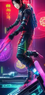 Neon cyber warrior with vibrant colors and futuristic flair.