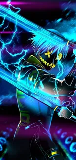 Neon cyber warrior with glowing swords and electric blue sparks background.