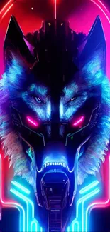 Vibrant neon cyber wolf digital art with pink and blue accents.