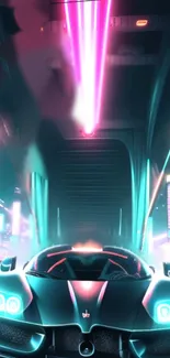 Futuristic neon-lit car in cyberpunk cityscape wallpaper.