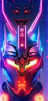 Vibrant neon cybernetic mask with glowing elements.