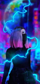 Vibrant cyberpunk wallpaper with neon lights and a masked figure in a futuristic cityscape.