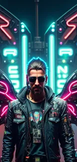 Neon cyberpunk figure with wings, vibrant colors.