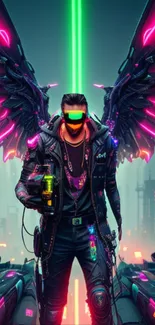 Futuristic neon cyberpunk figure with wings in vibrant cityscape.