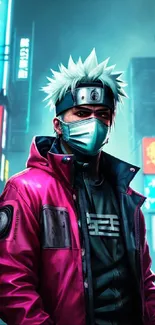 Anime character in neon-lit cyberpunk cityscape.