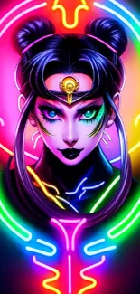 Neon cyberpunk anime character with colorful glowing effects.