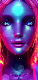 Neon cyberpunk portrait of a futuristic woman glowing with vibrant colors.