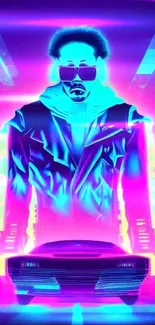 Neon cyberpunk artwork featuring a futuristic character and car in vibrant colors.