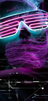 Neon cyberpunk art with glowing glasses on a dark background.