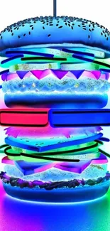 Neon cyberpunk burger illustration with vibrant colors.