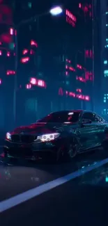 Neon-lit cyberpunk car in a futuristic cityscape.