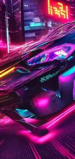 Futuristic neon car in a cyberpunk cityscape.