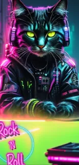 Neon cyberpunk cat with rock and roll vibes on city backdrop.