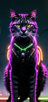 Neon-lit cyberpunk cat with vibrant city background.