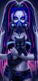 Neon cyberpunk woman with a cat, in a futuristic design.