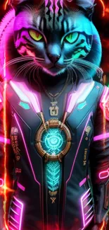 Neon cyberpunk cat in vibrant futuristic armor.