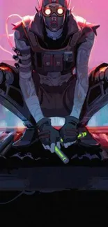 Cyberpunk character crouching in neon glow.