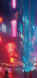 Neon-lit cyberpunk city street scene at night.