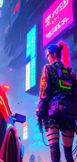 A cyberpunk cityscape with neon lights and futuristic elements.