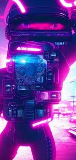 Futuristic cyberpunk figure in neon-lit cityscape.