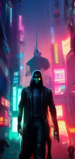 Cyberpunk cityscape with neon lights and a mysterious figure.