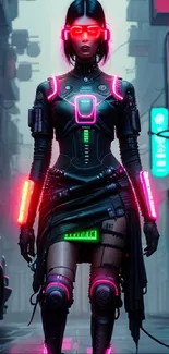 Futuristic cyberpunk character in neon-lit street.