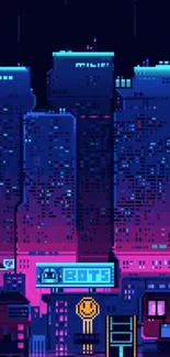 Neon cyberpunk city skyline in pixel art style.