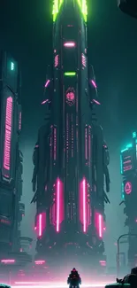 Futuristic neon cyberpunk cityscape with towering skyscrapers and vibrant lights.