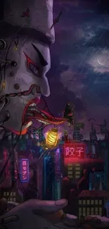 Cyberpunk artwork with neon cityscape and robotic figure, under a moonlit sky.