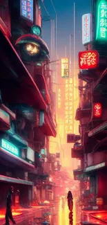 Neon cyberpunk cityscape with futuristic buildings and vibrant lights.