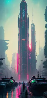 Futuristic cyberpunk cityscape with neon lights and towering skyscrapers.