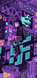 Cyberpunk cityscape with vibrant neon lights and anime character sitting on a sign.